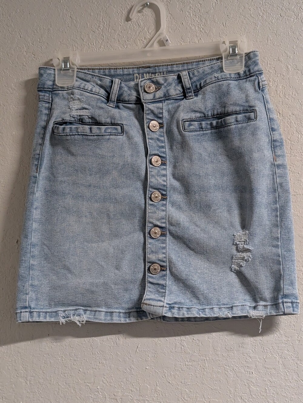 Denim Button-Front Mini Skirt 7 28 Light Blue Preppy Distressed Grunge Rave Punk